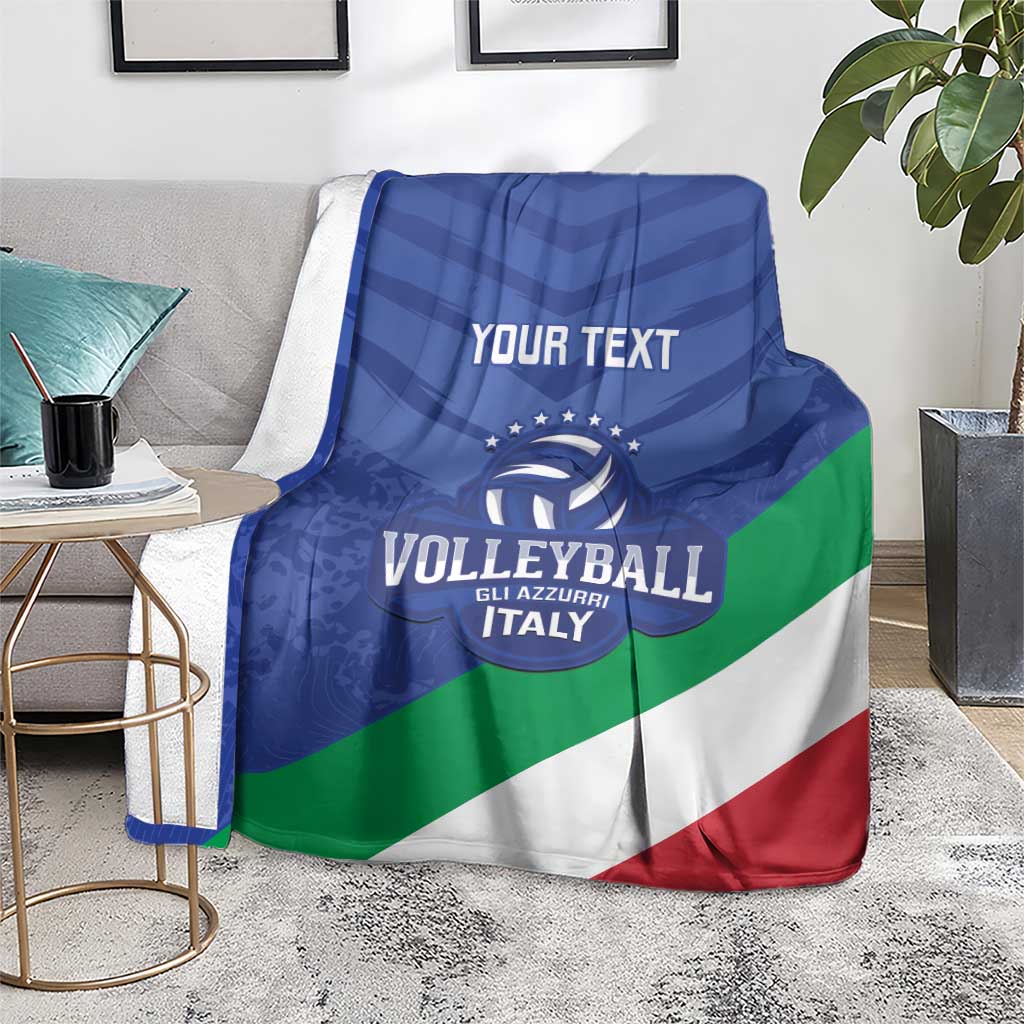 Blue Italy volleyball blanket on gray sofa with custom text and volleyball logo