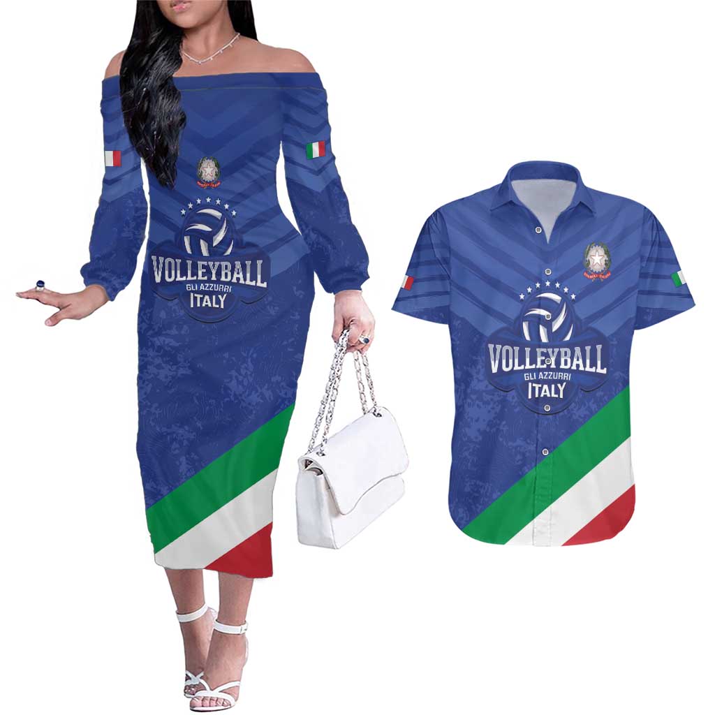 Custom Italy Volleyball Couples Matching Off The Shoulder Long Sleeve Dress and Hawaiian Shirt 2025 Gli Azzurri