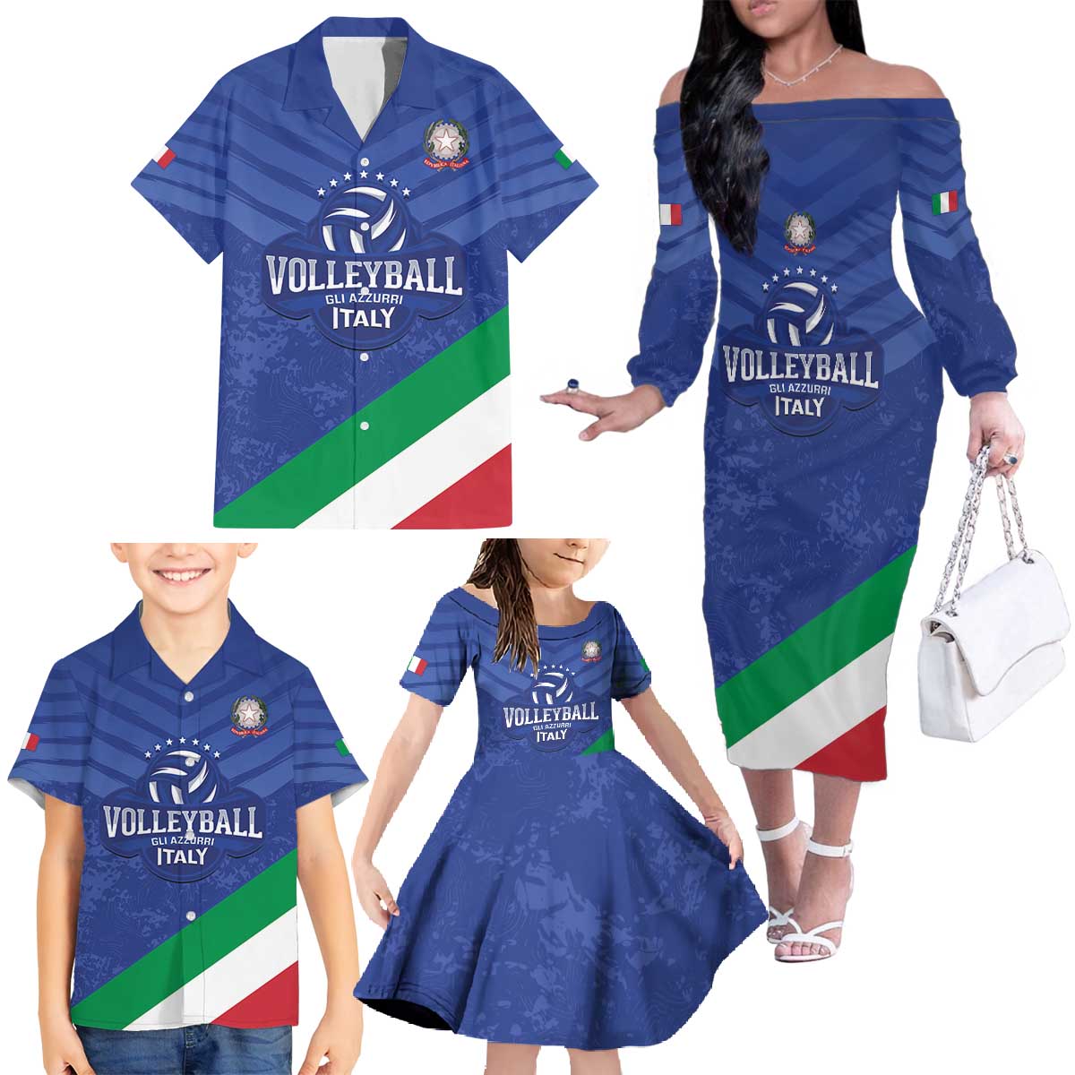 Custom Italy Volleyball Family Matching Off The Shoulder Long Sleeve Dress and Hawaiian Shirt 2025 Gli Azzurri