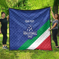 Blue, green, white & red volleyball quilt laid flat with quilted texture and custom “YOUR TEXT”