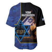 Camouflage baseball jersey back with YOM HAZIKARON text and Star of David graphic