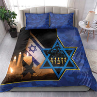 Blue camouflage bedding set with Star of David motif and candles; duvet and two matching pillows