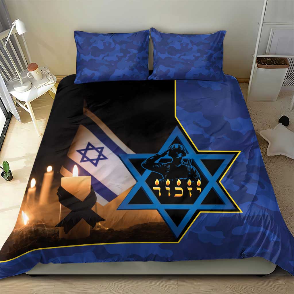 Blue camouflage bedding set with Star of David and Israeli flag scene; two pillows included