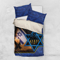 Blue and black bedding set with Star of David, candles, and Israeli flag; duvet with two pillows