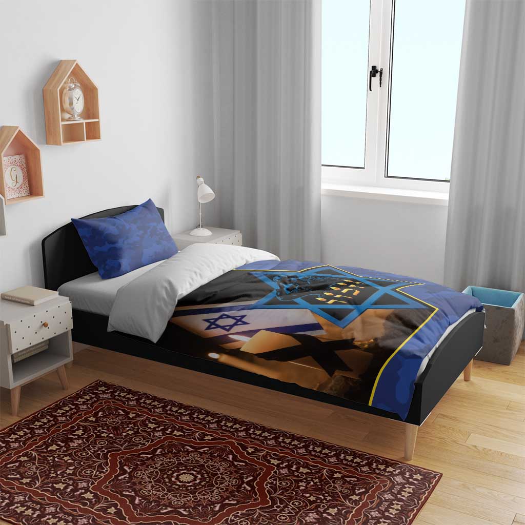 Blue camouflage bedding set with Star of David candles design; includes duvet and pillows