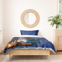 Blue camouflage duvet and pillow with Star of David border and candles; bed set