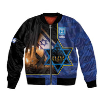 Unisex camouflage bomber jacket in black and blue with large star and candle print