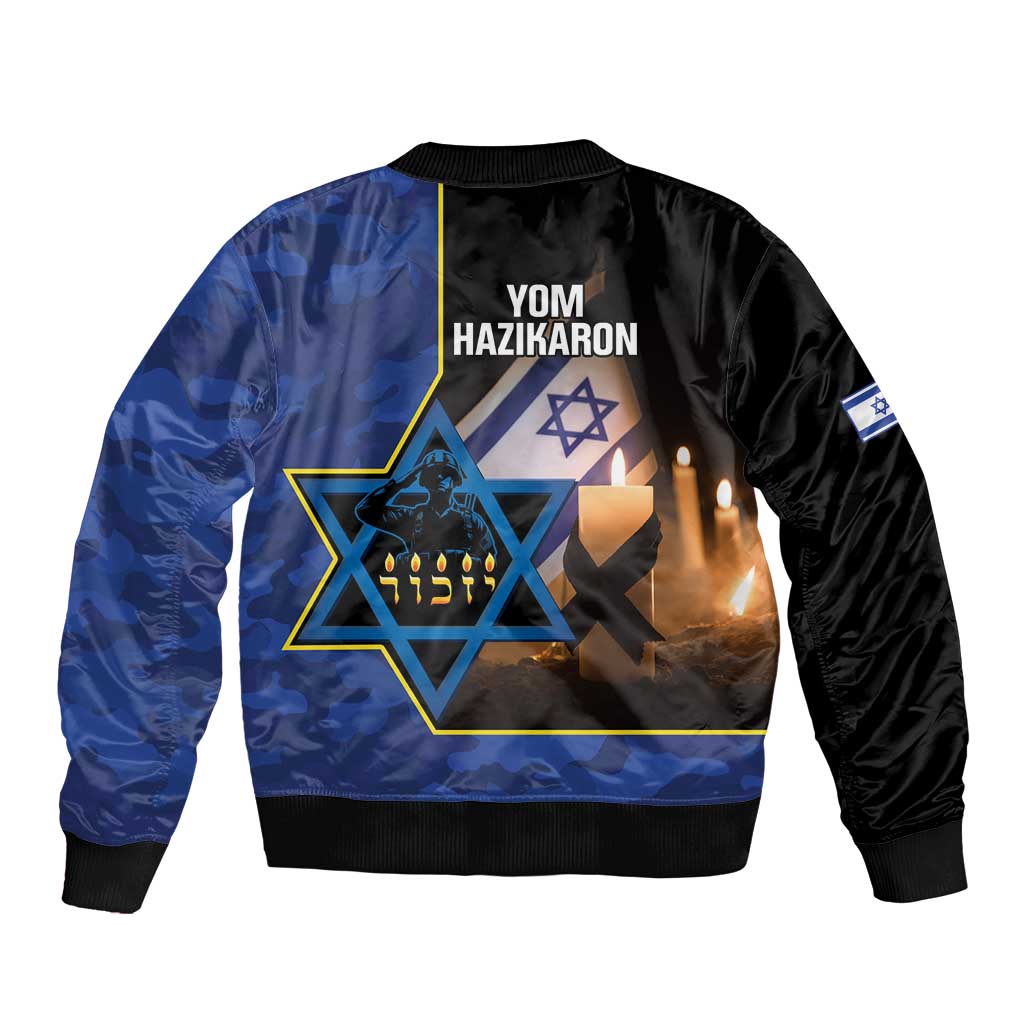 Unisex bomber jacket back print: YOM HAZIKARON with blue star and candles