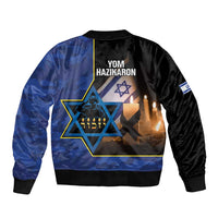 Unisex bomber jacket back print: YOM HAZIKARON with blue star and candles