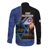 Long sleeve button-up shirt with YOM HAZIKARON text and star emblem back