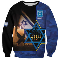 Unisex blue camo sweatshirt with front graphic, candles, star of David and menorah