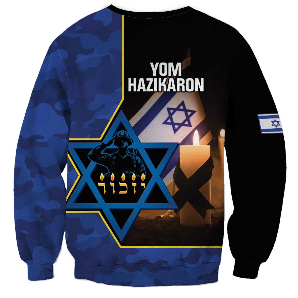 Unisex camo sweatshirt with back text YOM HAZIKARON and menorah graphic