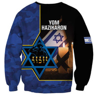 Unisex camo sweatshirt with back text YOM HAZIKARON and menorah graphic