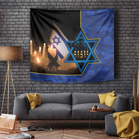 Blue camouflage memorial tapestry with Star of David, candle, and Israeli flag design