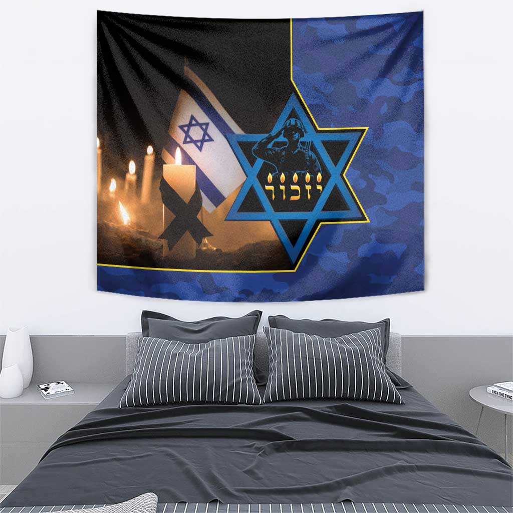 Blue camouflage tapestry with Star of David and candle flames above a bed