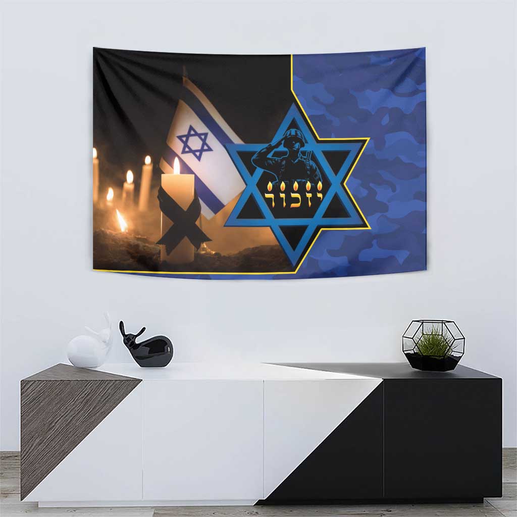 Blue and black camouflage memorial tapestry with Star of David and candle flame graphics