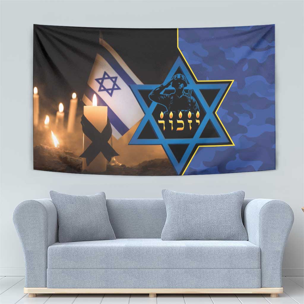 Blue camouflage memorial tapestry with Star of David and candle flame symbols on wall