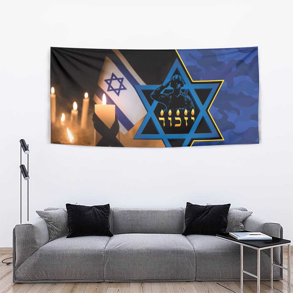 Blue camouflage memorial tapestry with Star of David and candle flames above a gray sofa