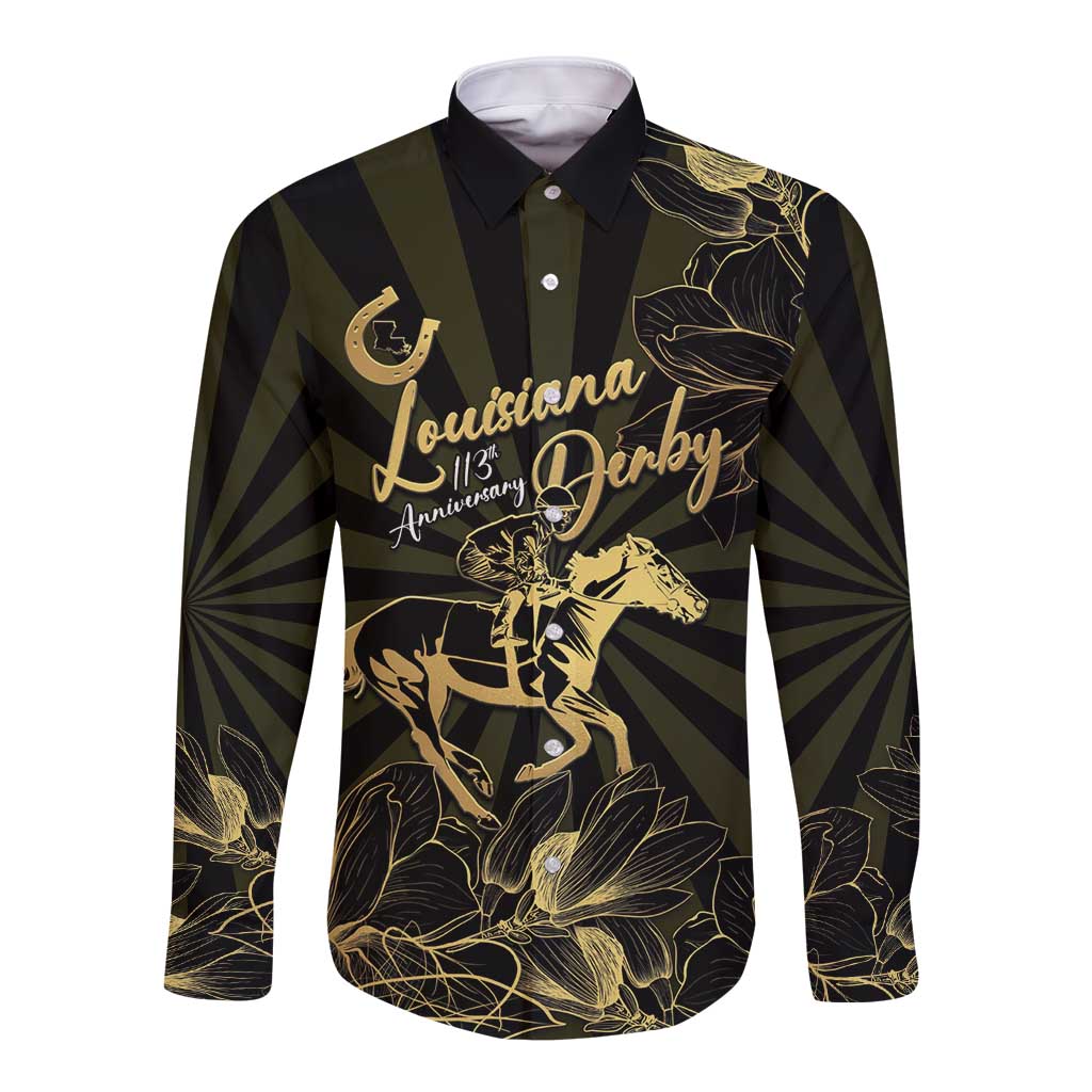 Personalized Louisiana Horse Racing Long Sleeve Button Shirt 113th Anniversary Magnolia Blossom