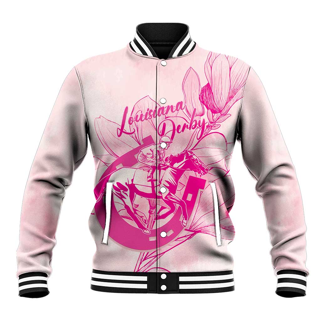 Personalized Louisiana Horse Racing Derby Baseball Jacket Magnolia Blossom Horseshoe Pastel Pink