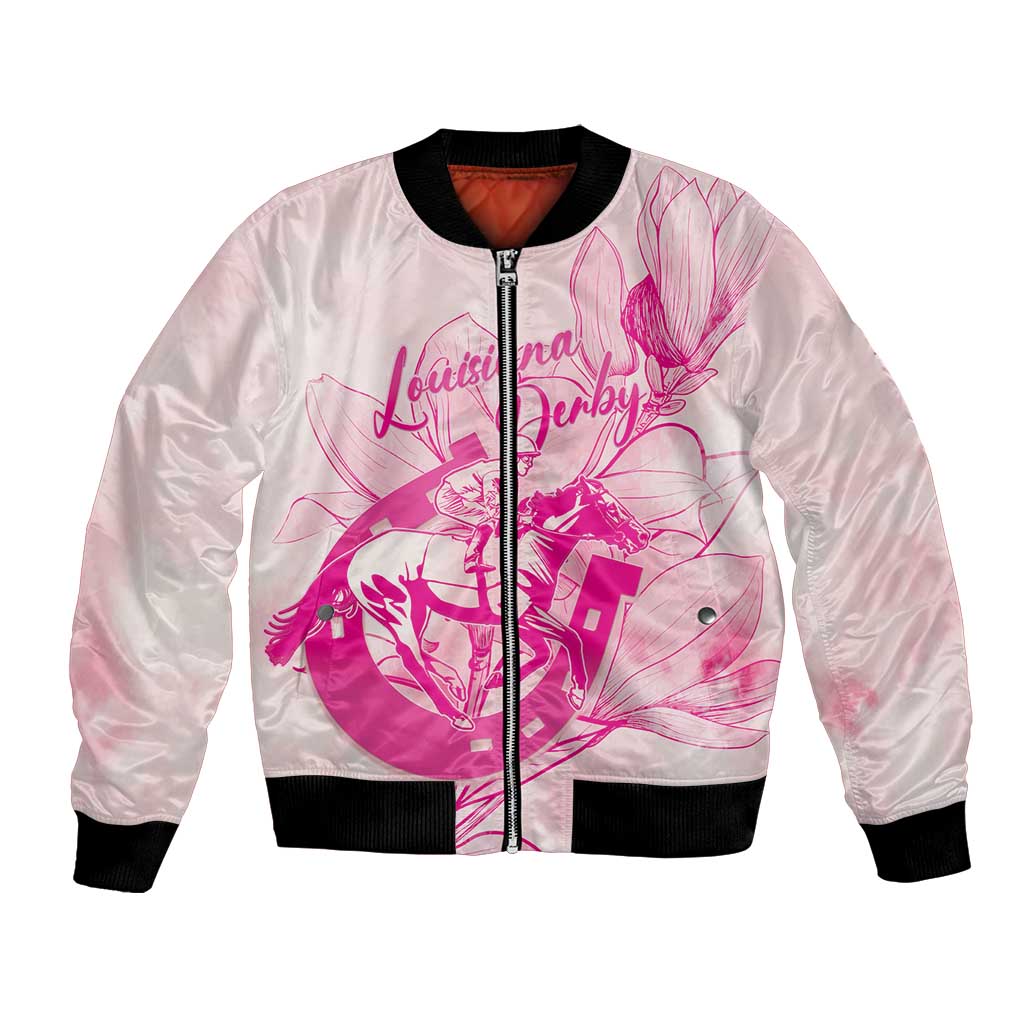 Personalized Louisiana Horse Racing Derby Bomber Jacket Magnolia Blossom Horseshoe Pastel Pink