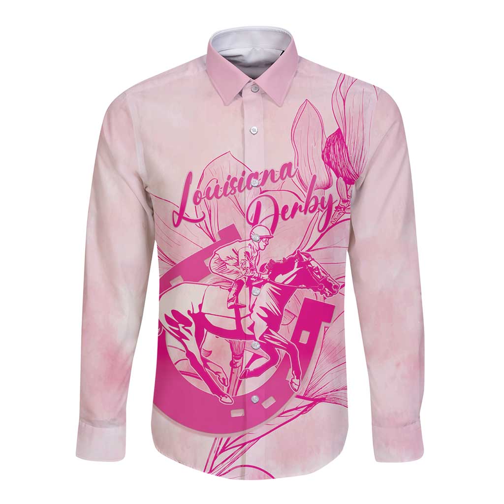 Personalized Louisiana Horse Racing Derby Long Sleeve Button Shirt Magnolia Blossom Horseshoe Pastel Pink