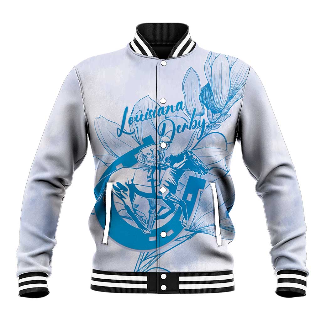 Personalized Louisiana Horse Racing Derby Baseball Jacket Magnolia Blossom Horseshoe Pastel Blue