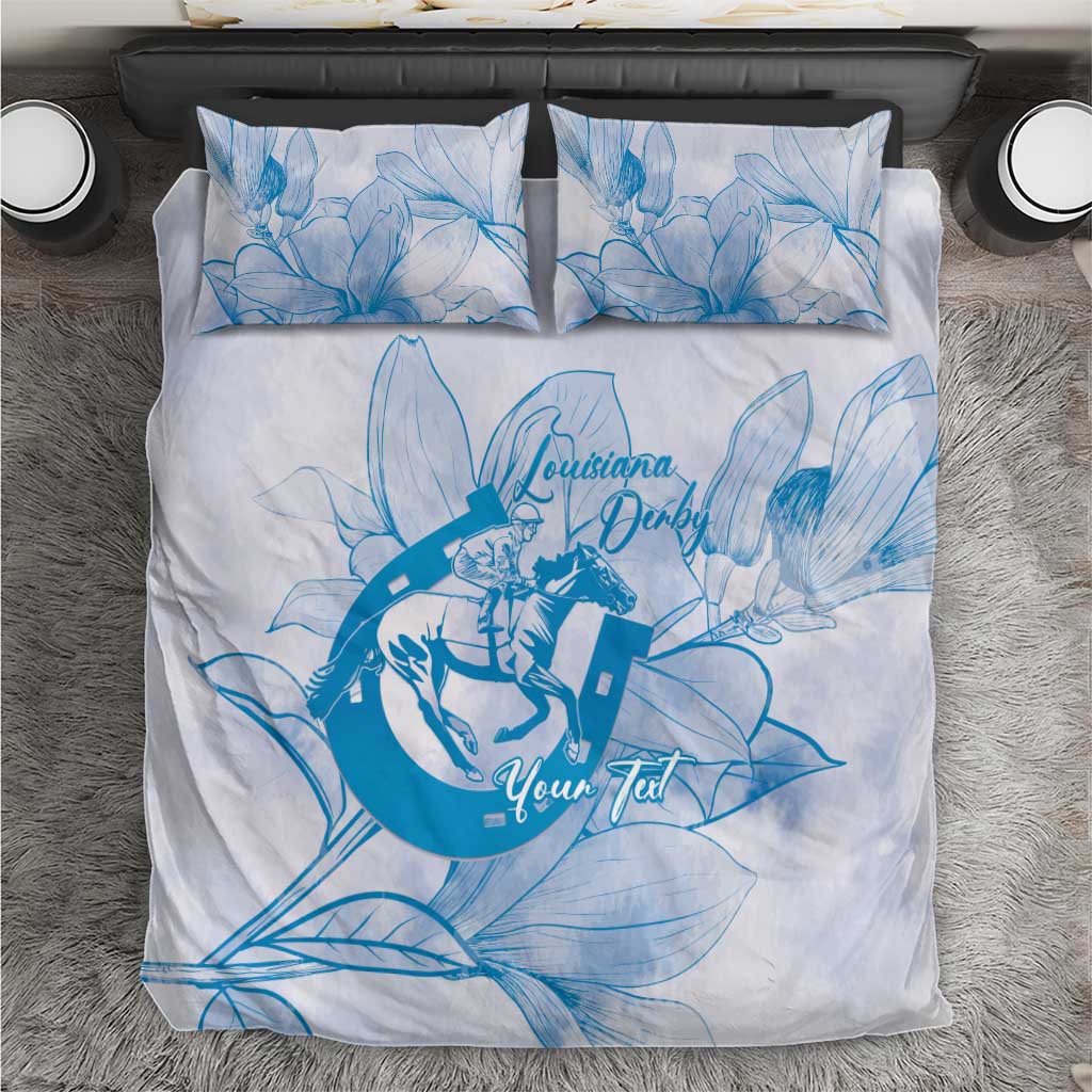 Personalized Louisiana Horse Racing Derby Bedding Set Magnolia Blossom Horseshoe Pastel Blue