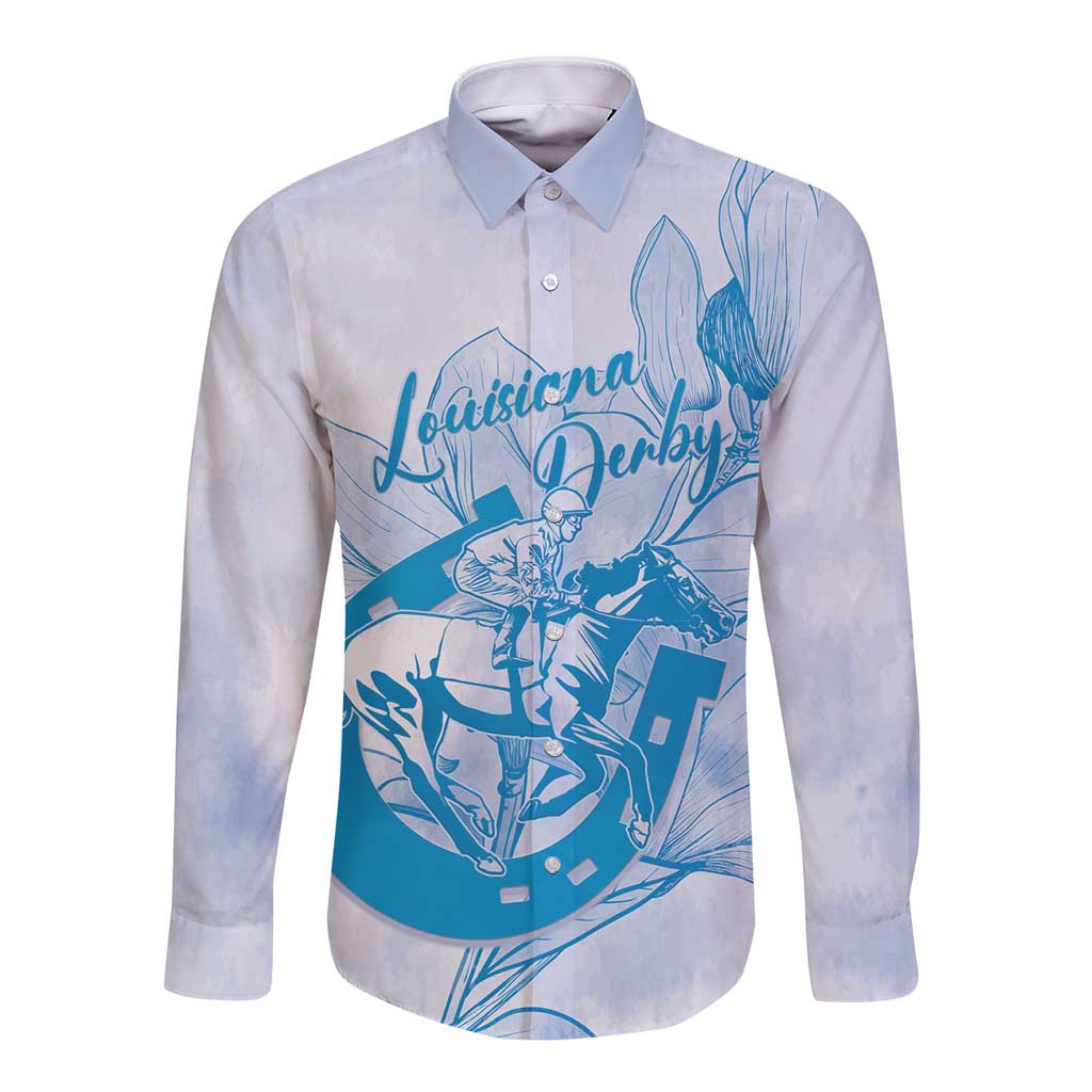 Personalized Louisiana Horse Racing Derby Long Sleeve Button Shirt Magnolia Blossom Horseshoe Pastel Blue