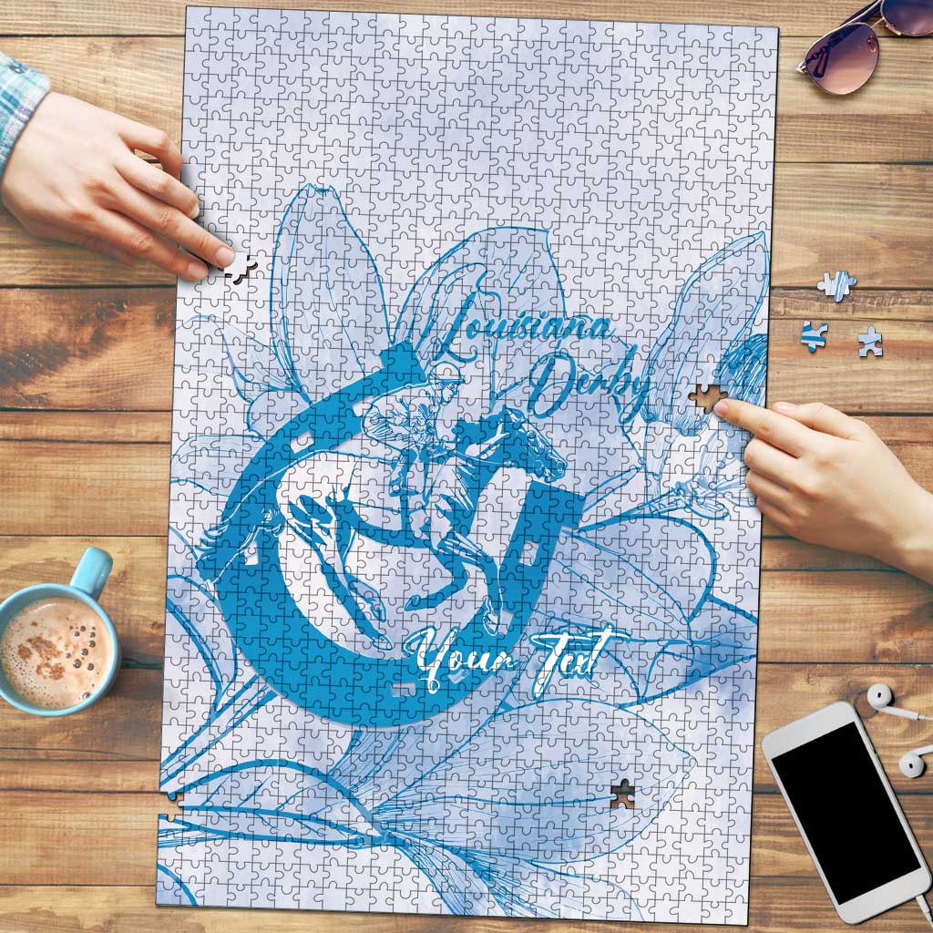 Personalized Louisiana Horse Racing Derby Puzzle Magnolia Blossom Horseshoe Pastel Blue