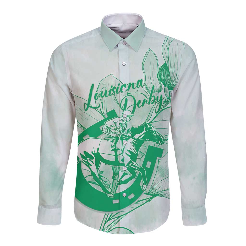 Personalized Louisiana Horse Racing Derby Long Sleeve Button Shirt Magnolia Blossom Horseshoe Pastel Green