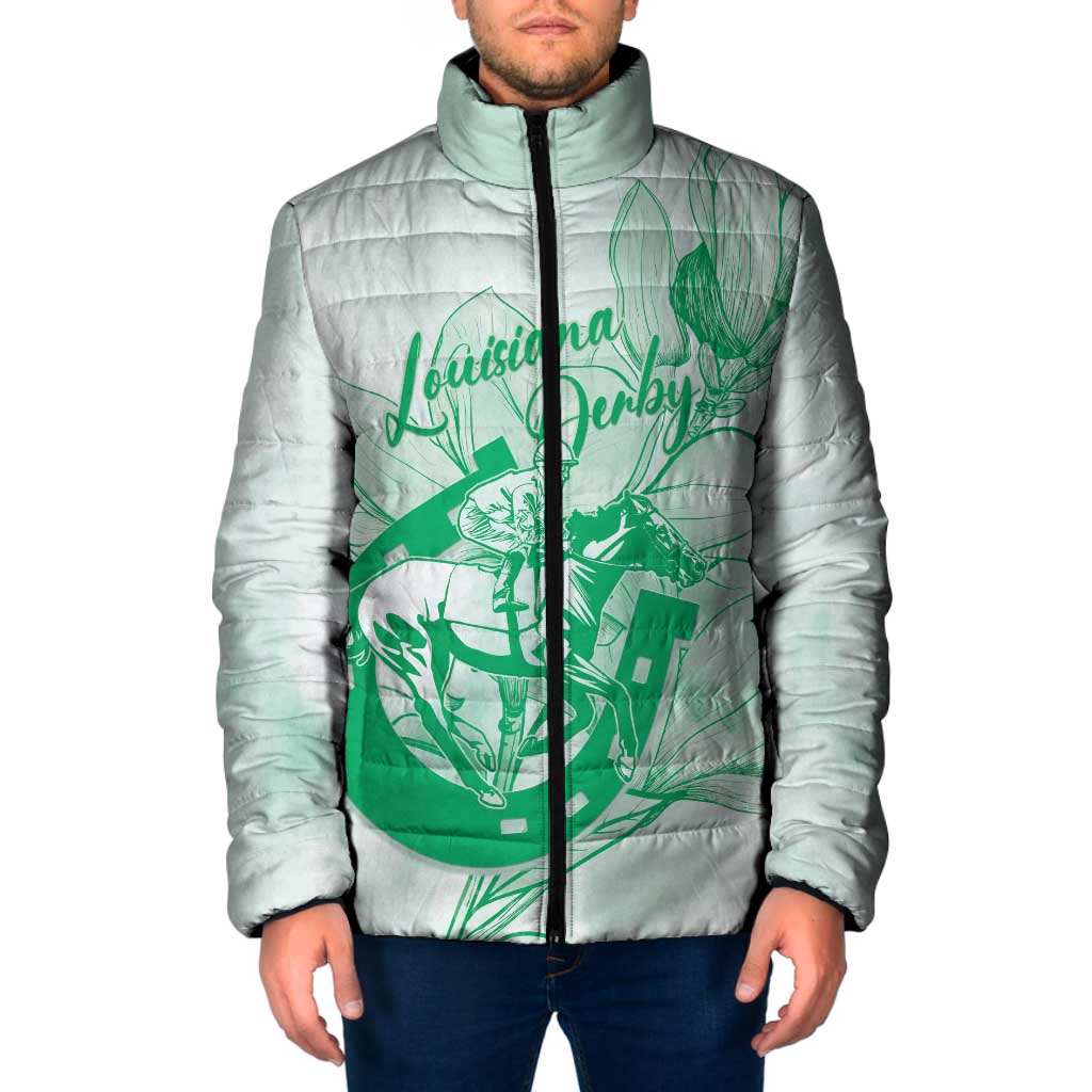 Personalized Louisiana Horse Racing Derby Padded Jacket Magnolia Blossom Horseshoe Pastel Green