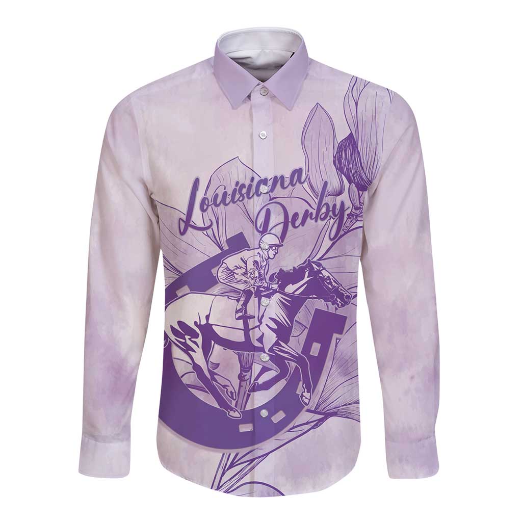 Personalized Louisiana Horse Racing Derby Long Sleeve Button Shirt Magnolia Blossom Horseshoe Pastel Purple