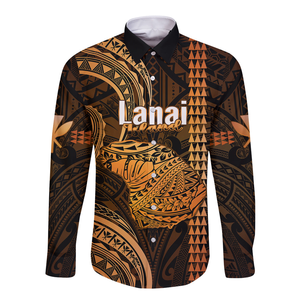 Long-sleeve button-up shirt with dark base and gold/amber Polynesian map print