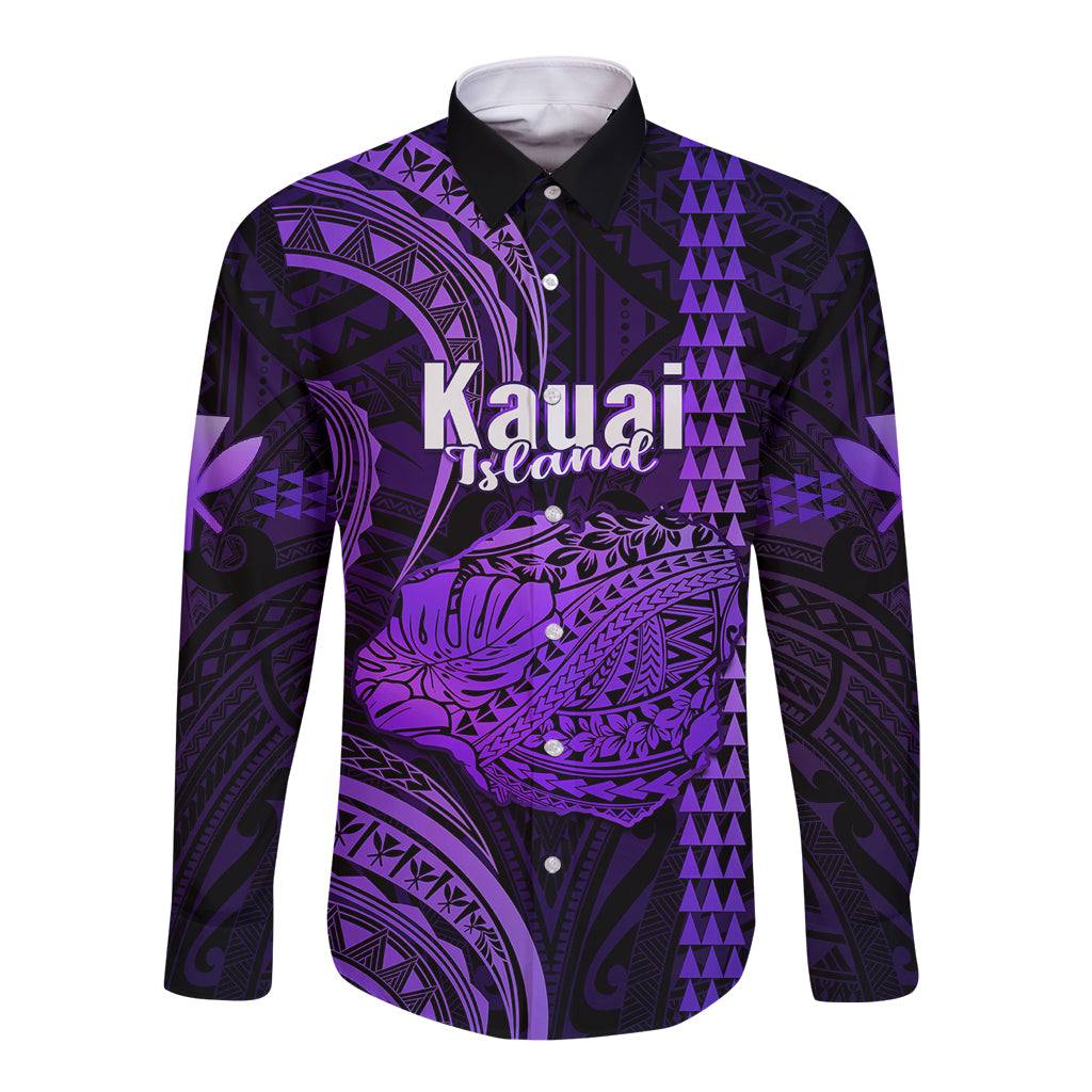 Purple and black long-sleeve button shirt with Kauai Island front graphic and collar