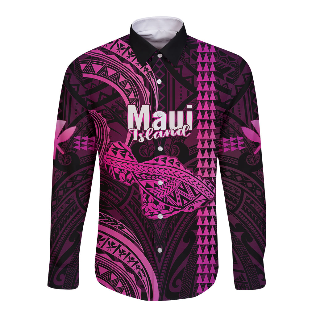 Pink and black Hawaiian long sleeve button shirt with Maui Island print