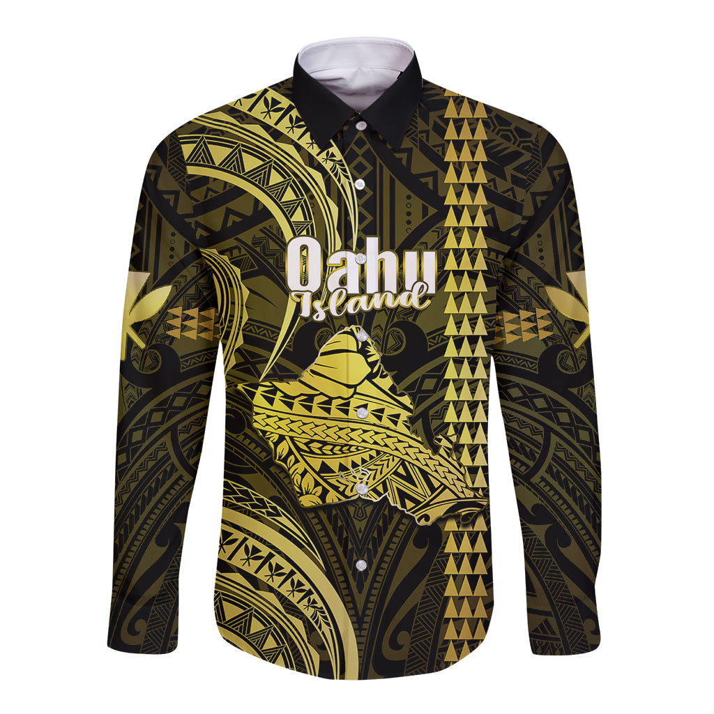 Long-sleeve button shirt with dark base and yellow Oahu-style map graphic, point collar