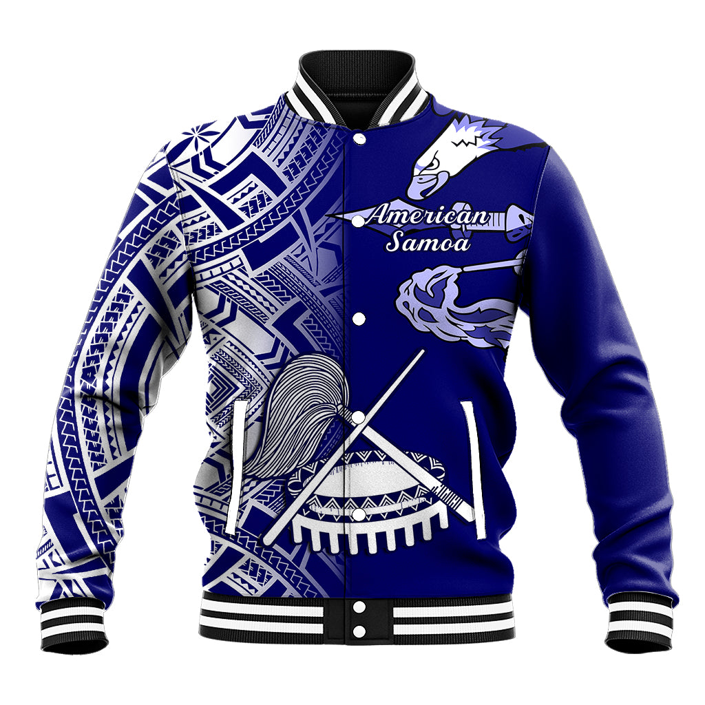 Blue baseball jacket with white tribal print, snap front, and striped collar cuffs