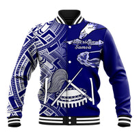 Blue baseball jacket with white tribal print, snap front, and striped collar cuffs