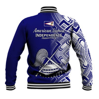 Blue baseball jacket back graphic with American Samoa Independence text, snap front