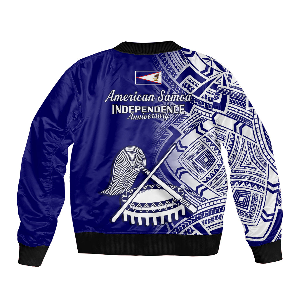 Blue bomber jacket with ribbed hem and cuffs, American Samoa Independence print, tribal patterns