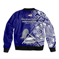 Blue bomber jacket with ribbed hem and cuffs, American Samoa Independence print, tribal patterns