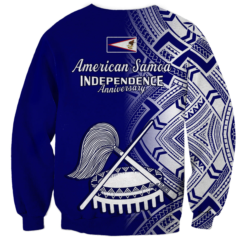 Blue crewneck sweatshirt with white tribal print and American Samoa Independence Anniversary text
