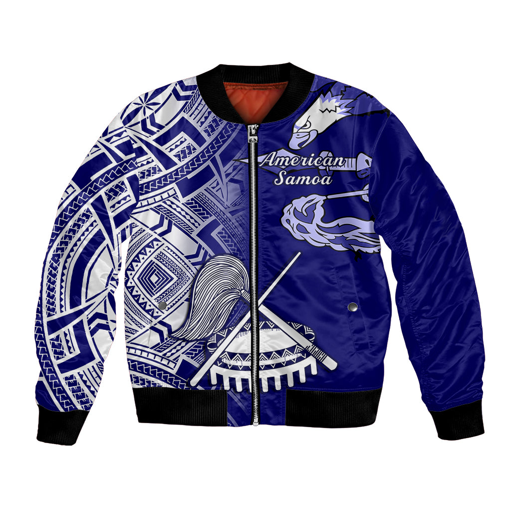 Blue bomber jacket with black ribbed hem and collar, front zip and tribal pattern panels