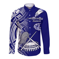 Blue long sleeve button shirt with tribal graphics and front chest print