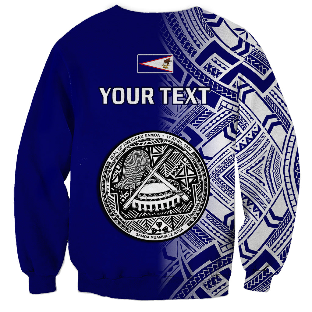 Blue sweatshirt with “YOUR TEXT” and circular American Samoa emblem graphic