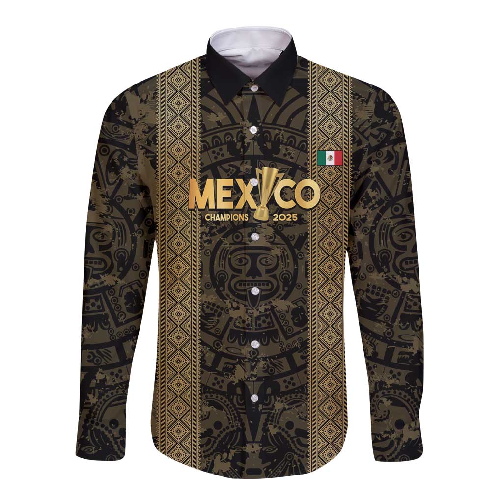 Custom Mexico Football Long Sleeve Button Shirt 2025 El Tri Champions Gold Color - Wonder Print Shop