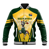 Green and yellow baseball jacket with ribbed collar, snap front, mascot graphic