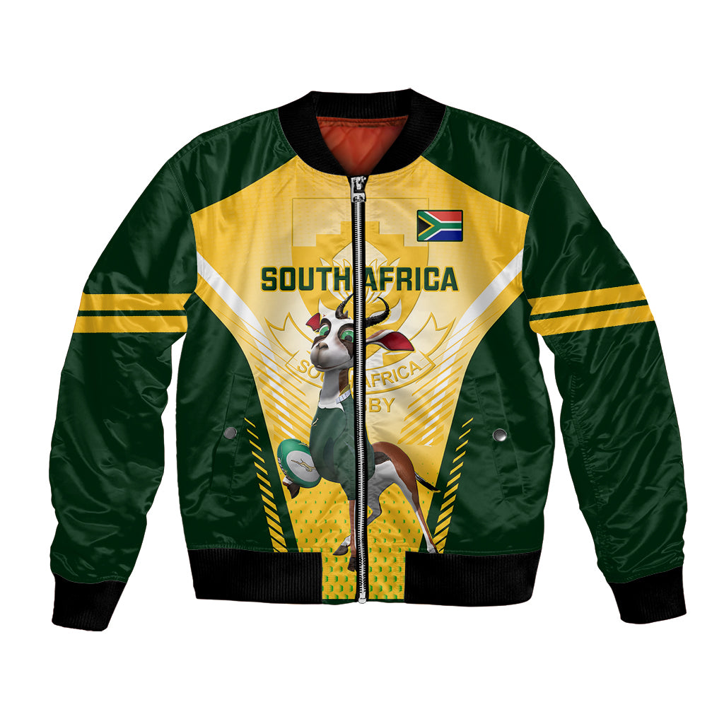 Green bomber jacket with yellow chest mascot graphic, full zip, striped cuffs and hem.