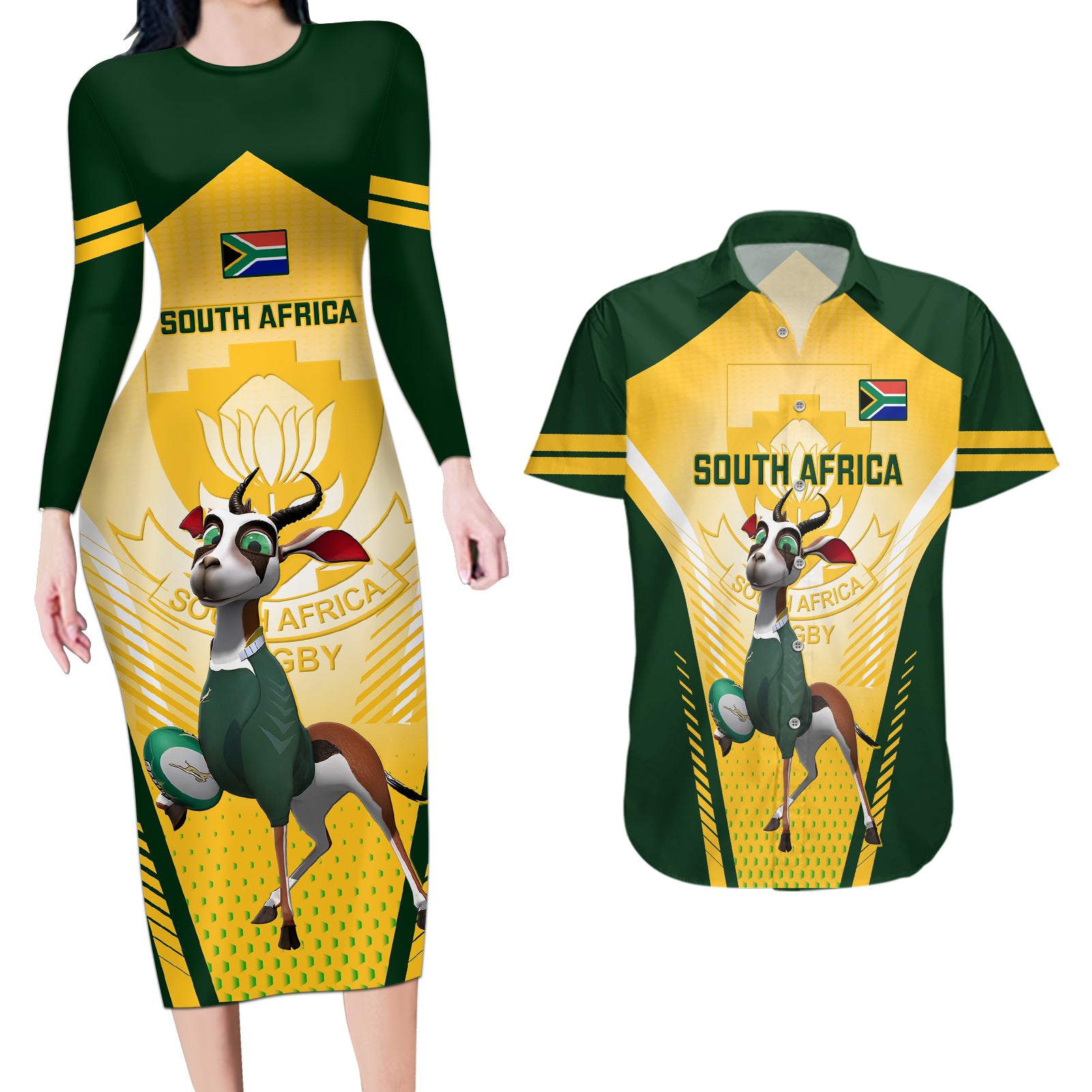 South Africa Rugby Couples Matching Long Sleeve Bodycon Dress and Hawaiian Shirt 2023 World Cup Springboks Mascot - Wonder Print Shop